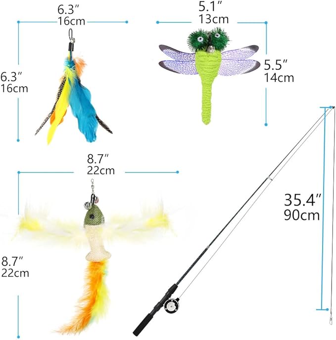 Pawaboo Cat Feather Toys, 4 Pack Interactive Cat Feather Teaser Wand Toys, Retractable Fishing Pole Wand Catcher Exerciser with Refill Fish, Dragonfly Worm with Bells, Fun Kitten Kitty Toy, Colorful-Mewly Pet