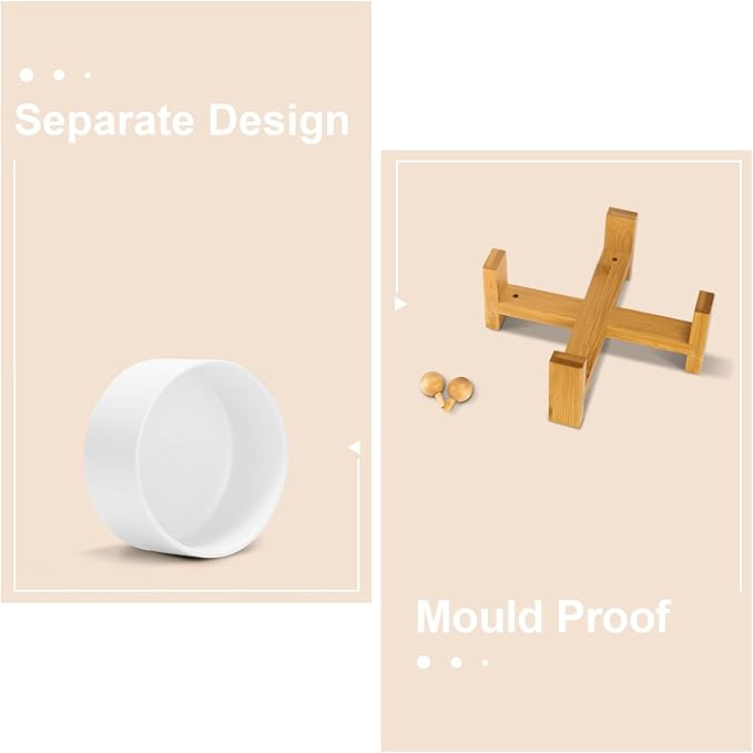 SPUNKYJUNKY 15° Slanted Ceramic Dog and Cat Bowl with Wooden Stand, Tilted Bulldog Food and Water Bowl No Slip Non-Spill for Cats Medium Dogs Big Face Pets 28.7 OZ (3.6 Cups, White)-Mewly Pet