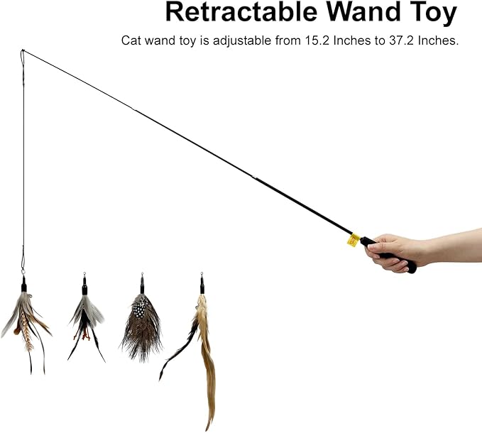 TTcat Cat Feather Wand Toys,Retractable Wand Toy with 4 Feather Refills, Interactive Cat Toy Kitten Toy for Indoor Cats to Play Chase Exercis-Mewly Pet