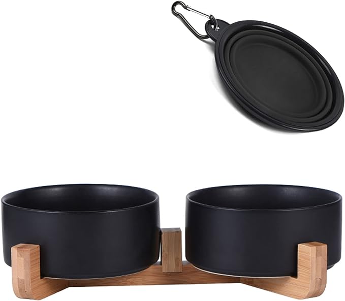 Petygooing Ceramic Dog Cat Bowls Set with Stand,Black Pet Food and Water Bowl,Small Dog Bowls Cute Modern Anti Slip Set of 2 Pet Feeder Small Size Pet Dish(13.5OZ/5.1 in)-Mewly Pet