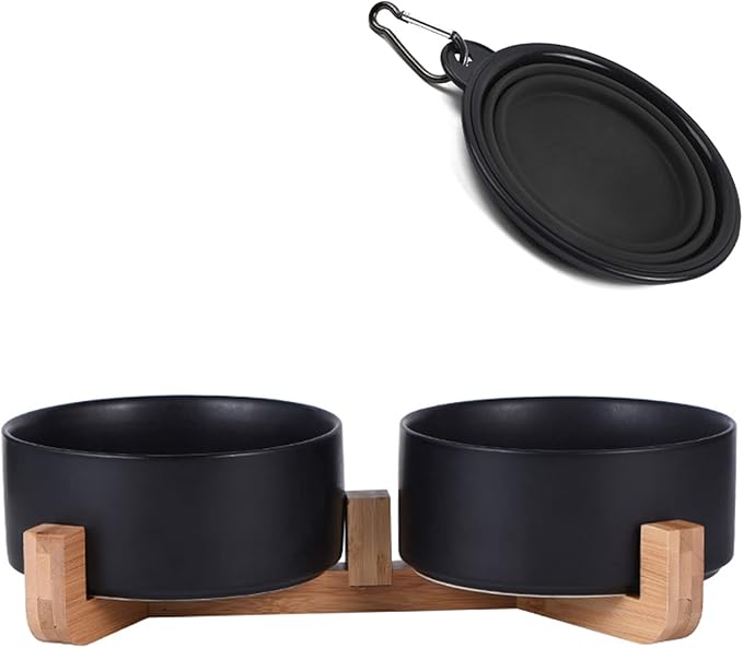 Petygooing Dog Bowls,Black Ceramic Cat Dog Bowl Set with Wood Stand for Food and Water,Non-Slip Cute Modern Pet Dish Set for Cats Small and Medium Dogs (28OZ/6.1 in)-Mewly Pet