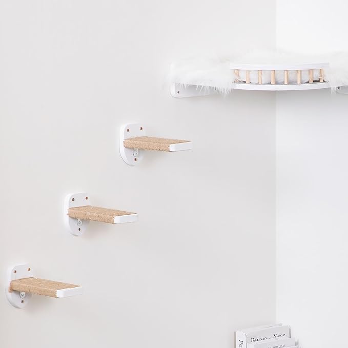3pcs Wall Mounted Cat Steps, Climbing Furniture, Shelves With Hemp Rope Covered, Solid Wood Ladder for Playing and Climbing (Standard-White)-Mewly Pet