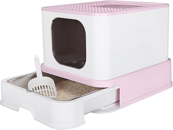 RIZZARI Cat Litter Box, Foldable Cat Box with Drawer, Large Capacity Litter Box with Lid, Top Opening Litter Pan for Small to Big Cats (Pink-Stainless Steel Basin)-Mewly Pet