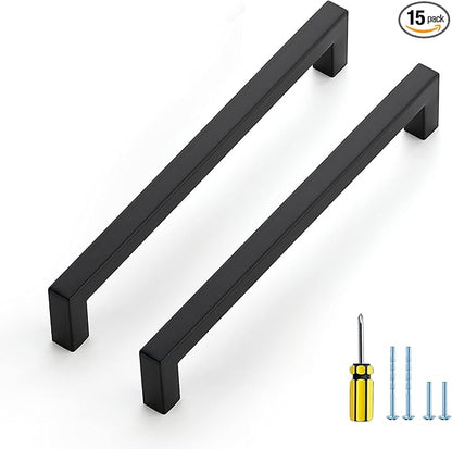 Ravinte 15 Pack Black Cabinet Pulls 7-1/2 Inch Square Kitchen Cabinet Handles Matte Black Kitchen Hardware for Drawer Pulls Drawer Handles Come with Screwdriver