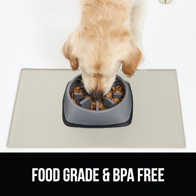 GORILLA GRIP 100% Waterproof Raised Edge BPA Free Silicone Pet Feeding Mat, Dog Cat Food Mats Contain Spills Protects Floors, Placemats for Cats and Dogs Water Bowl, Pets Accessories 16x10, Cream-Mewly Pet