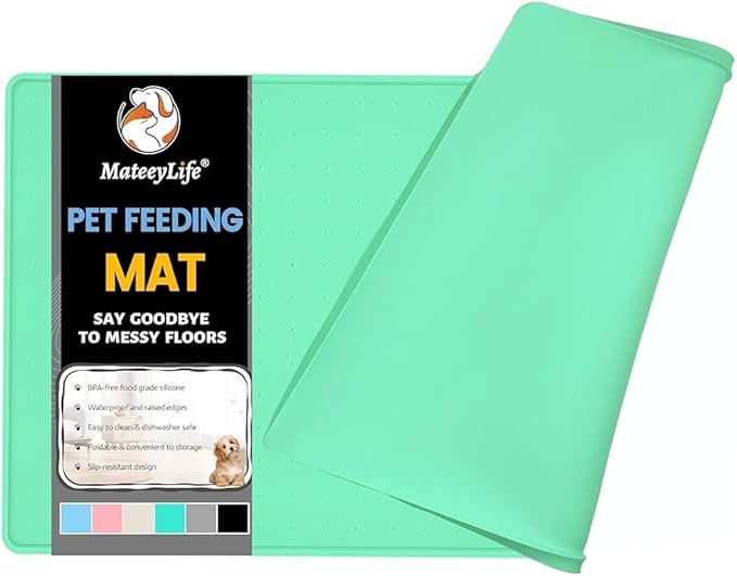 MateeyLife Dog & Cat Food Mat - Waterproof, Nonslip, Raised Edges, Silicone Tray for Messy Drinkers, 24"x16", Mint Green-Mewly Pet