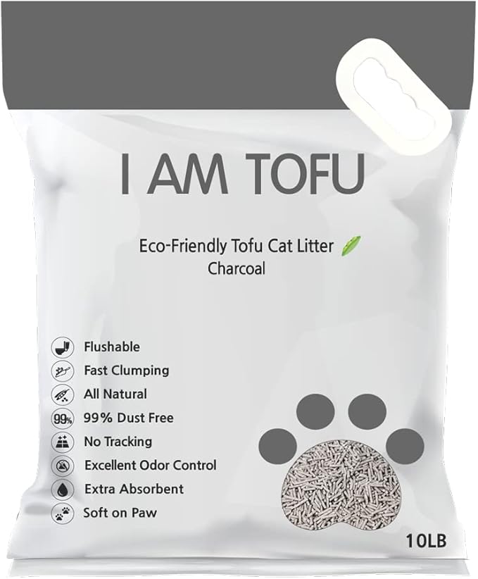I AM TOFU - Tofu Cat Litter, Natural, Flushable, Dust Free Extra Clumping Pellet Litter (10 lb Bag, Charcoal)-Mewly Pet