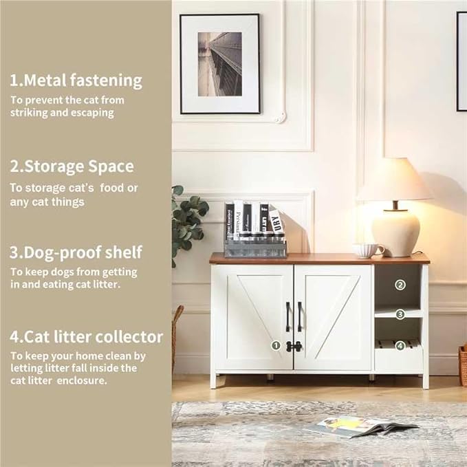 41.3'' Cat Litter Enclosure,Adjustable Shelf for Dog Proof and Storage,Locks Added for Cat, Litter Collector,Small Indoor Cat House,Antique White-Mewly Pet