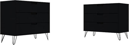 Manhattan Comfort Rockefeller 3 Drawer Dresser for Bedroom Storage, Closet, Living Room, Entryway, TV Stand for Screens up to 32 Inches, Anti-Tip Kit Included, Set of 2, Black