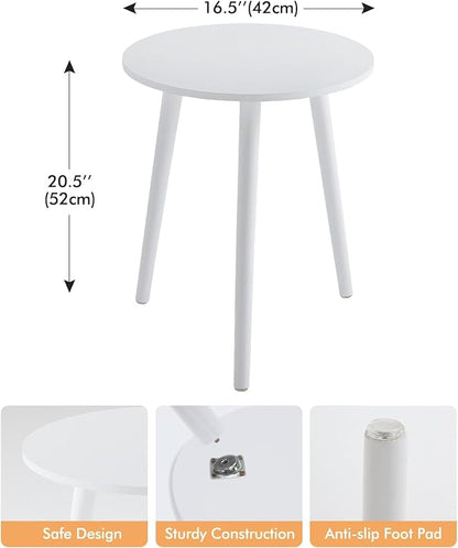 Apicizon Small Round Side Tables End Table Bedroom, White Nightstand Bedside Table for Living Room, Coffee Table with White Wood Legs, 16.5 x 20.5 Inches