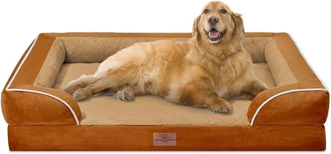 Comfort Expression XL Orthopedic Dog Beds, Waterproof Extra Large Dog Beds with Bolster, Washable Pet Sofa Couch with Removable Cover & Non-Slip Bottom(X-Large,Caramel)-Mewly Pet