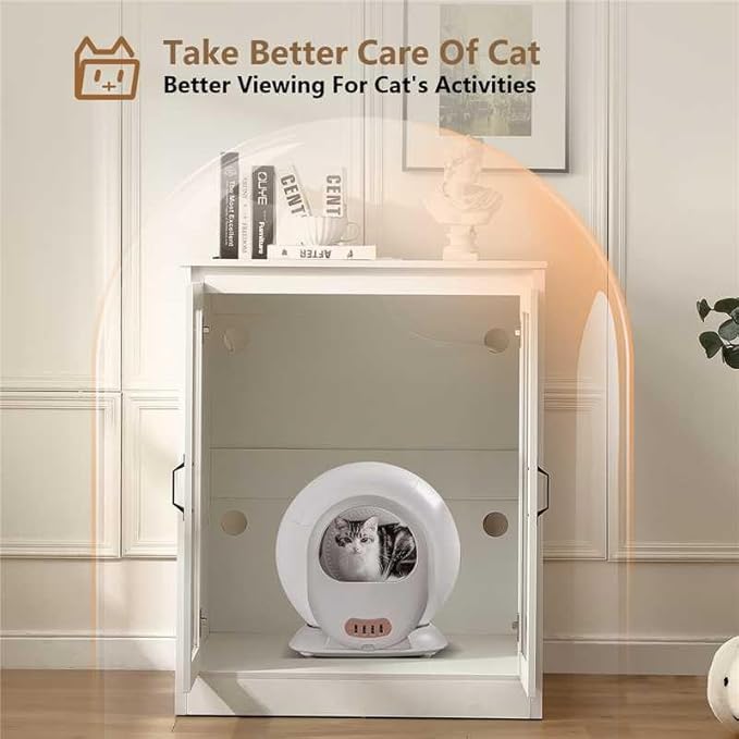 Cat Litter Robot Enclosure with Cat-Observant Glass Doors,Litter Robot Cabinet with Cozy LED for Cats,Reversible and Optional Entry(Left or Right),Power Outlet for More Choice, (White)-Mewly Pet