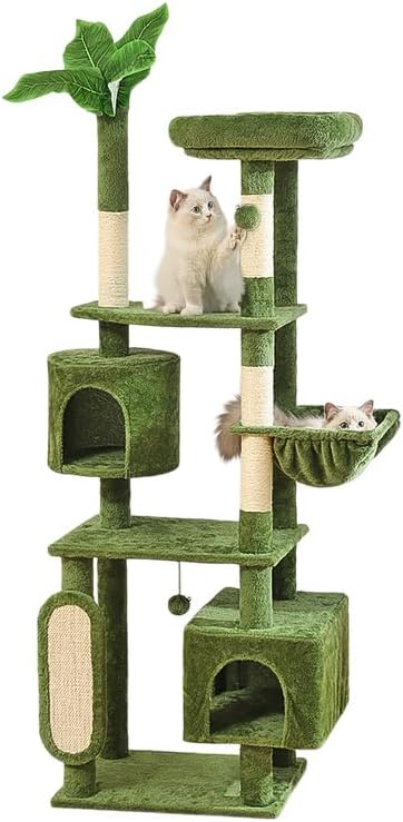 Hoopet 70-Inch Large Cat Tree for Multiple Cats Cat Tower with 2 Condos, Scratching Posts, Hammock & Platform, Plush Perch for Indoor Activity Relaxing Easy Assembly Green-Mewly Pet