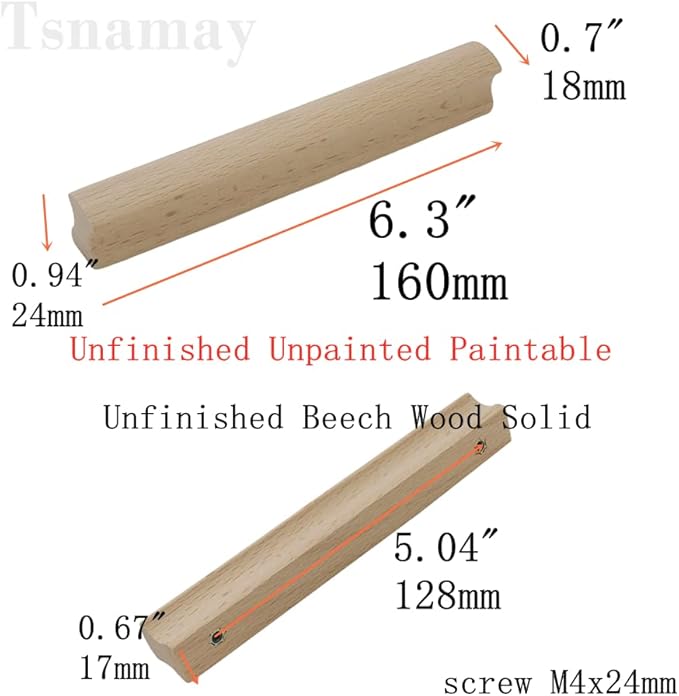 6Pcs Unfinished Beech Wood Solid Furniture Pulls Handles,Unfinished Unpainted Paintable Wooden Handles Cupboard Closet Drawer Handle Pull,Length 6.3",Hole Dis.5.04"
