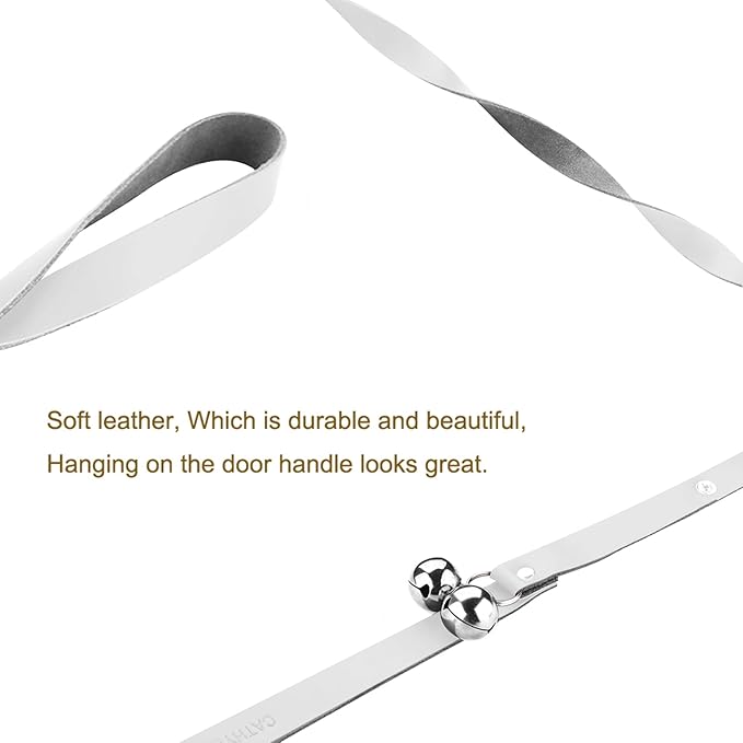 Leather Dog Doorbells for Door Knob/Potty Training/Go Outside, Length Adjustment Copper Dog Bell, Housetraining Hanging Bell, White Leather Silver Bells-Mewly Pet