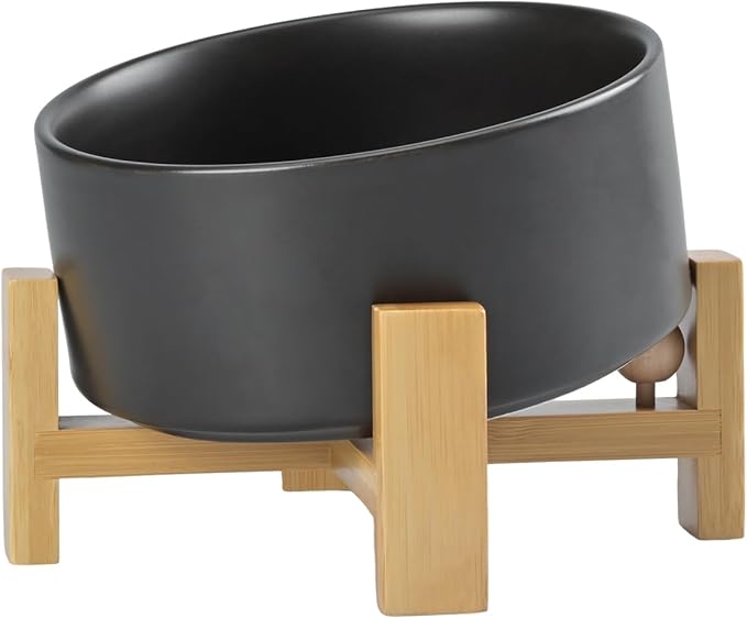 SPUNKYJUNKY 15° Slanted Ceramic Dog and Cat Bowl with Wooden Stand, Tilted Bulldog Food and Water Bowl No Slip Non-Spill for Cats Medium Dogs Big Face Pets 28.7 OZ (3.6 Cups, Black)-Mewly Pet
