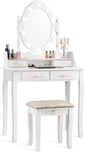 CHARMAID Makeup Vanity Table with 10 LED Lights, 4 Drawers, Storage Shelf, Rose Knob, Bedroom Dressing Makeup Table Vanity Desk with Cushioned Stool for Girls Women (White)