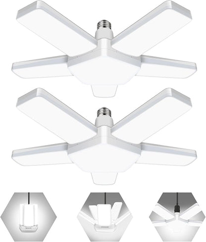 LED Garage Lights 2 Pack, The New 100W Deformable LED Shop Lights with 5 Adjustable Panels, E26/E27 LED Ceiling Light, 10000LM 6500K Hight Bay Light for Basement Warehouse Workshop