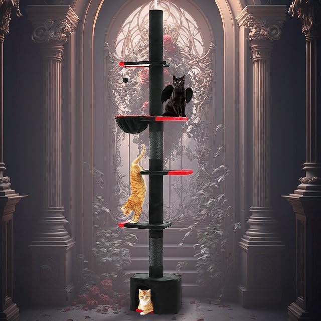 PAWZ Road Gothic Cat Tree, Floor to Ceiling Cat Tower with Adjustable Height (86.8-120 Inches), 5 Tiers Black Cat Condo with Cozy Hammock, Fully Scratching Posts and Dangling Balls for Indoor Cats-Mewly Pet