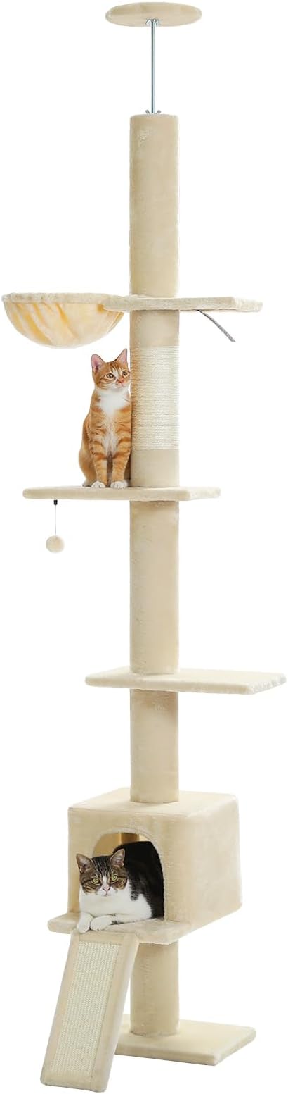 PEQULTI Floor to Ceiling Cat Tree, Tall Cat Tower, Adjustable Height (83''-108'') 5 Levels Climbing Tree for Indoor Cats with Cat Condo, Cozy Hammock and Scratching Post, Beige-Mewly Pet