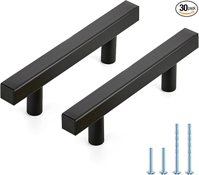 JOY DECOR 30 Pack 3 Inch Matte Black Square Cabinet Handles Stainless Steel Cabinet Hardware Pulls for Kitchen and Drawers with 5 Inch Overall Length