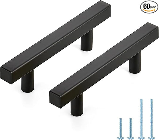 JOY DECOR 60 Pack 3 Inch Matte Black Square Cabinet Handles Stainless Steel Cabinet Hardware Pulls for Kitchen and Drawers with 5 Inch Overall Length