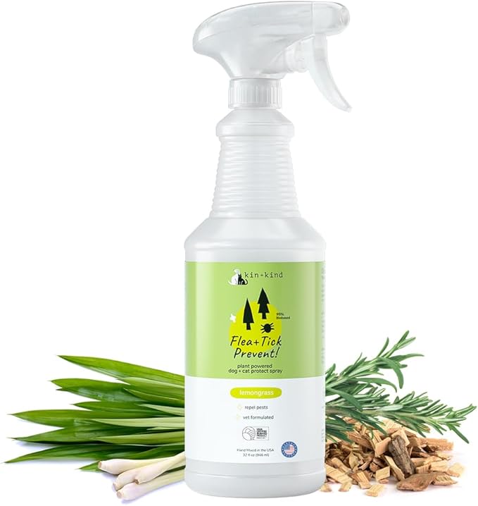kin+kind Plant Based Flea and Tick Spray for Dogs and Cats – Essential Oil Formula with Lemongrass – Flea and Tick Prevention for Cats, Kittens, Puppies & Dogs - Pet Supplies - Family Safe – 32 fl oz-Mewly Pet