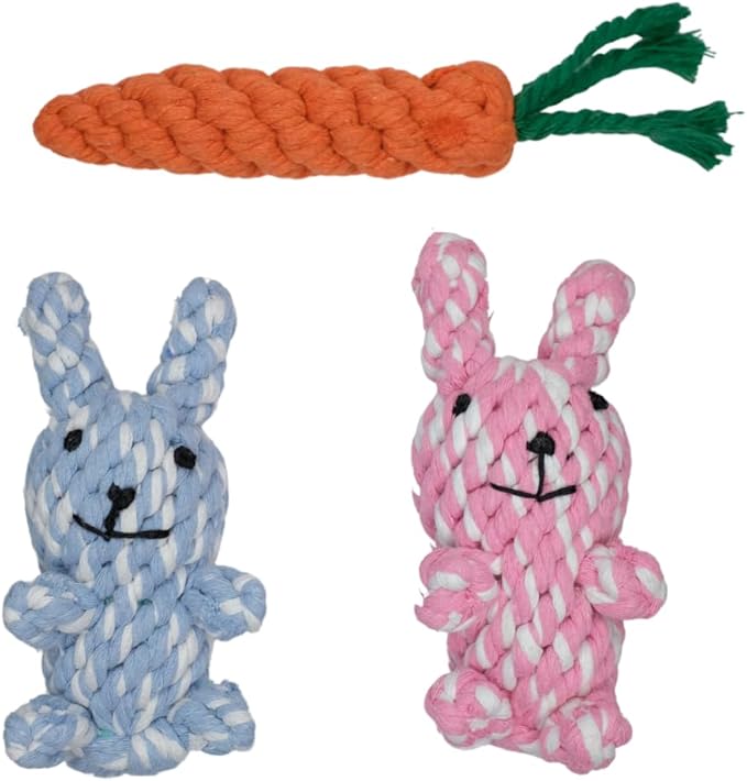 HILLBERRY Dog Rope Chew Toy Cotton Pink and Blue Rabbits and Carrot Bundle Set for Teething Puppy, Small, Miniature and Toy Breed Cute Pet Play Essentials-Mewly Pet