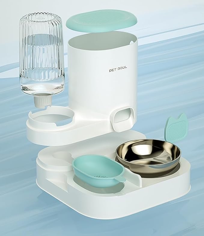 Automatic Cat Feeder & Water Dispenser - Dual Container for Dry/Wet Food, Two-in-One Upgraded Gravity Feeder and Water Dispenser Combo Set for Cats and Dogs.(Green)-Mewly Pet