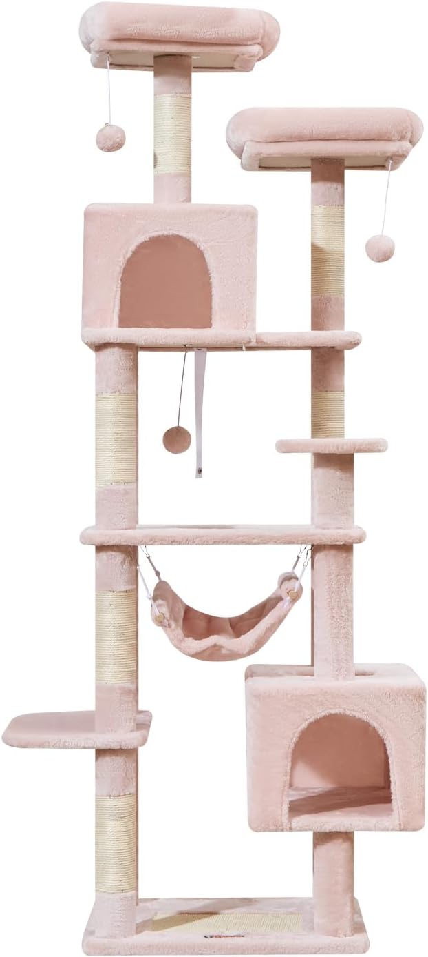 Taoqimiao Cat Tree, 68-Inch Cat Tree Cat Tower for Indoor Cats, Plush Multi-Level Cat Condo with 6 Scratching Posts, 2 Perches, 2 Caves,Hammock, 3 Pompoms,MS020SP Jelly Pink-Mewly Pet