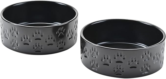 SPUNKYJUNKY Ceramic Dog Bowls 2 Pack, 7.3'' Dog Food Water Double Feeding Bowls Non-Slip for Medium to Large Sized Breed Microwave Dishwasher Safe - 42 OZ, 2pcs, Paw Black-Mewly Pet