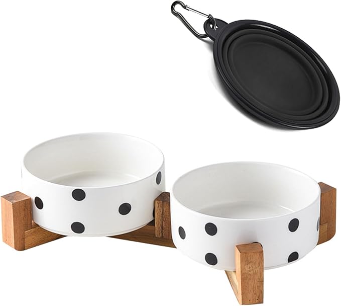 Petygooing Ceramic Dog Bowl Set with Stand,Cat Pet Food and Water Dishes,Small Dog Bowls Anti -Slip Set of 2 Cat Bowls Pet Food Dish Small Size Pet (13.5OZ/5.1 in) Black Dot-Mewly Pet