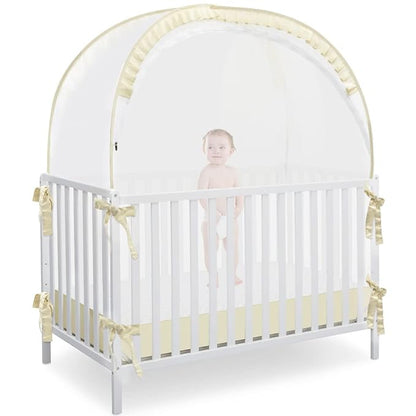 Baby Safety Crib Tent, Pop Up Canopy for Crib to Stop Baby from Climbing Out, Infant Mesh Cover Mosquito Net with Sturdy Frame & Soft Mesh, Beige, (R07-beige)