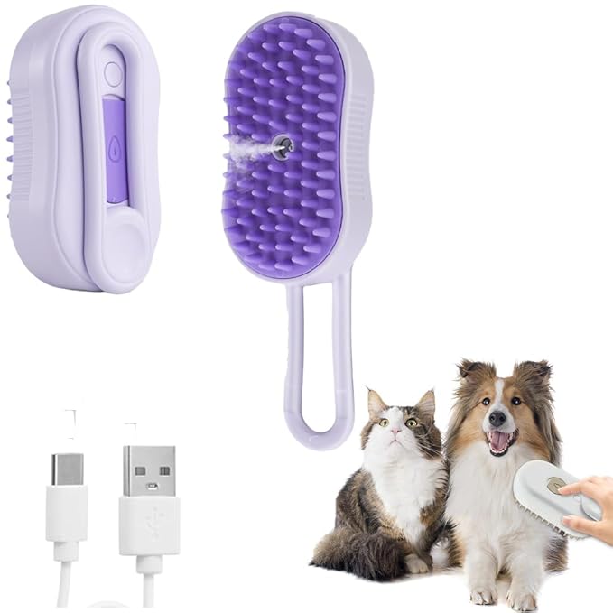 4-in-1 Cat Grooming Steam Brush, Pet Hair Shedding, Massage, Cleaning, Combing (purple)-Mewly Pet