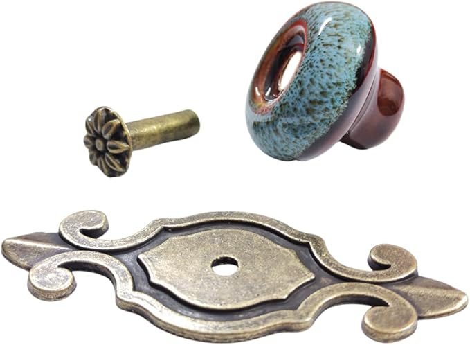 10 Pack Retro Ceramic Knobs,Vintage Dresser Kitchen Petal Cabinet Pulls Rustic Zinc Alloy Base Back Plate Kid Cupboard Wardrobe Drawer Door Handles (Leopard Print Blue)
