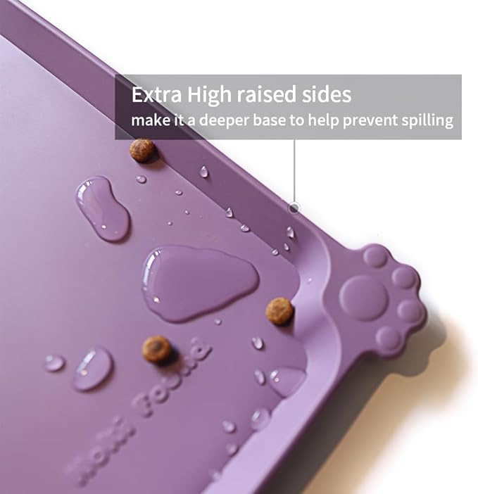 Hoki Found L Silicone Pet Food Mats Tray with Higher Lips- Non Slip Dog Cat Bowl Mats Placemat - Pet Feeding Mat - Waterproof Dog Cat Food Mats -Pet Water Mats for Carpet -Amethyst-Mewly Pet