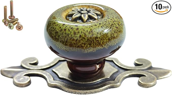 10 Pack Retro Ceramic Knobs,Vintage Dresser Kitchen Petal Cabinet Pulls Rustic Zinc Alloy Base Back Plate Kid Cupboard Wardrobe Drawer Door Handles (Leopard Print Green)
