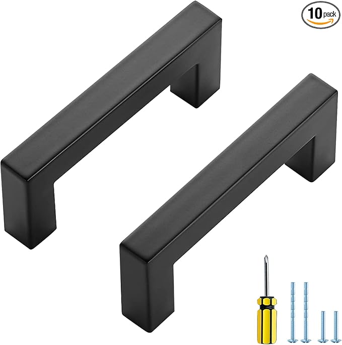Ravinte 10 Pack Matte Black Cabinet Pulls Slim Kitchen Cabinet Handles 3 inch Hole Center Drawer Pulls Kitchen Drawer Handles Square Hardware Cupboard