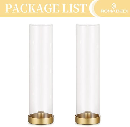 Romadedi Candlestick Candle Holders Hurricane Glass - 12 Inch Clear Gold Taper Candle Holders for Table Centerpiece Wedding Party Birthday Christmas Decor Home Decorations, Set of 2