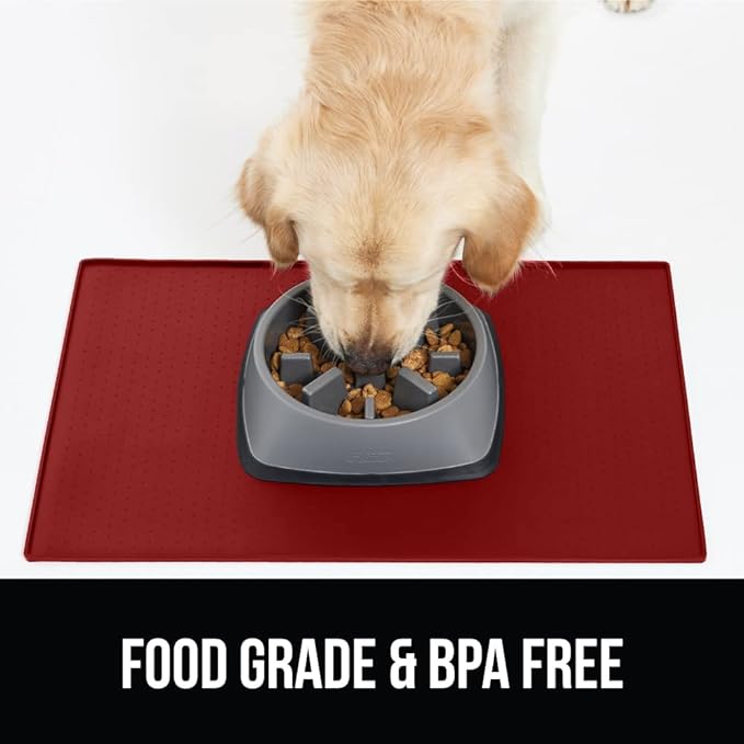 GORILLA GRIP 100% Waterproof Raised Edge BPA Free Silicone Pet Feeding Mat, Dog Cat Food Mats Contain Spills Protects Floors, Placemats for Cats and Dogs Water Bowl, Pets Accessories 23x15 Red-Mewly Pet
