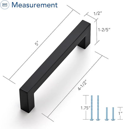 Ravinte 5 Pack Black Cabinet Pulls 4-1/2 Inch Square Cabinet Handles Matte Black Kitchen Hardware for Cabinet Drawer Pulls Come with Screwdriver