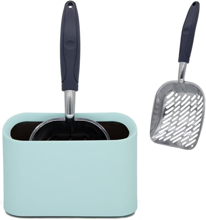 Aluminum Cat Litter Scoop in Holder, Non-Stick Cat Poop Scooper with Holder, Fast Sifting Kitten Poop Lifter and Caddy (Blue)-Mewly Pet
