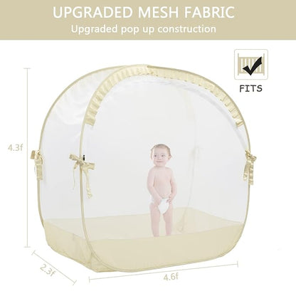 Baby Safety Crib Tent, Pop Up Canopy for Crib to Stop Baby from Climbing Out, Infant Mesh Cover Mosquito Net with Sturdy Frame & Soft Mesh, Beige, (R07-beige)