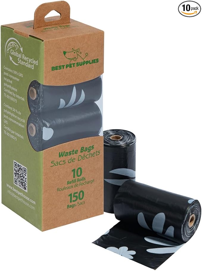 Best Pet Supplies Poop Bags for Dogs, 50% Post-Consumer Recycled Content dog waste bags on rolls, fits all poop bag holders for leashes - Black, 150 Count, Unscented-Mewly Pet