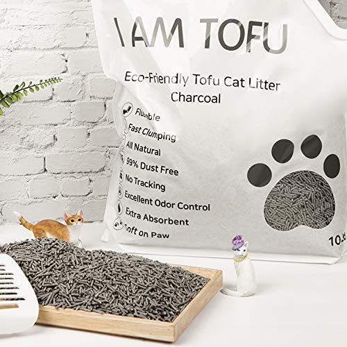I AM TOFU - Tofu Cat Litter, Natural, Flushable, Dust Free Extra Clumping Pellet Litter (10 lb Bag, Charcoal)-Mewly Pet