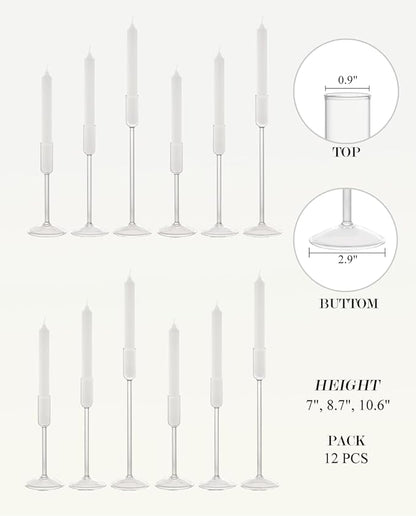 Candle Holder, Glass Taper Candle Tall Candlestick Holder, 3 Different Heights, for Table Centerpiece, Wedding, Party, Clear, 12pcs