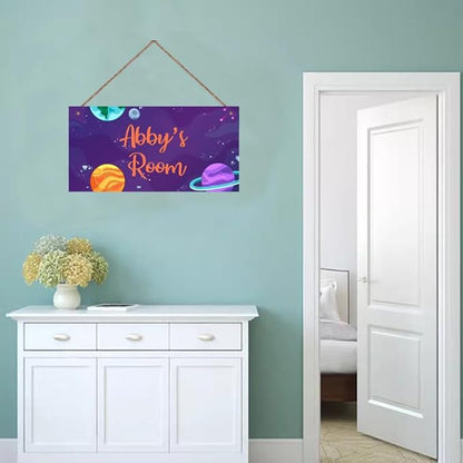 Personalized Outer Space Sign Universe Theme Art Décor For Kids Room Custom Name Door Wall Decor, Stars Floral Nursery Art Plate For Girls Room Boys Bedroom