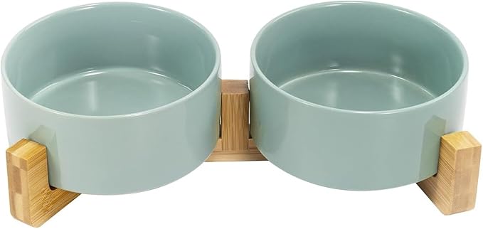 SPUNKYJUNKY Ceramic Dog and Cat Bowl Set with Wooden Stand, Modern Cute Weighted Food Water Set for Small Size Dogs (13.5OZ) & Medium Sized Dogs (28.7OZ) & Cats (3.6 Cups, 2 × Morandi Green)-Mewly Pet