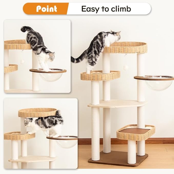 48'' Cat Tree for Large Cats, Modern Cat Tree Multi-Level Condo with Natural Wood, Cat Activity Centre for Medium and Big Pets (White LS02)-Mewly Pet