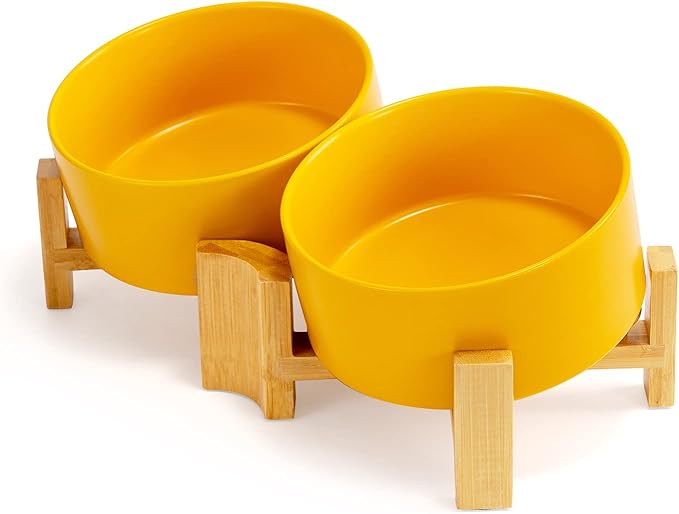 SPUNKYJUNKY 15° Slanted Ceramic Dog and Cat Bowl with Wooden Stand, Tilted Bulldog Food and Water Bowl No Slip Non-Spill for Cats Medium Dogs Big Face Pets 28.7 OZ (3.6 Cups, Yellow × 2)-Mewly Pet